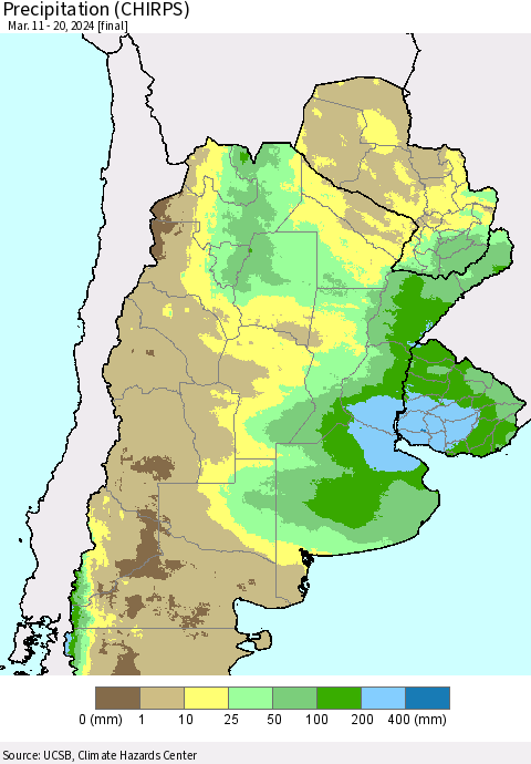 Southern South America Precipitation (CHIRPS) Thematic Map For 3/11/2024 - 3/20/2024