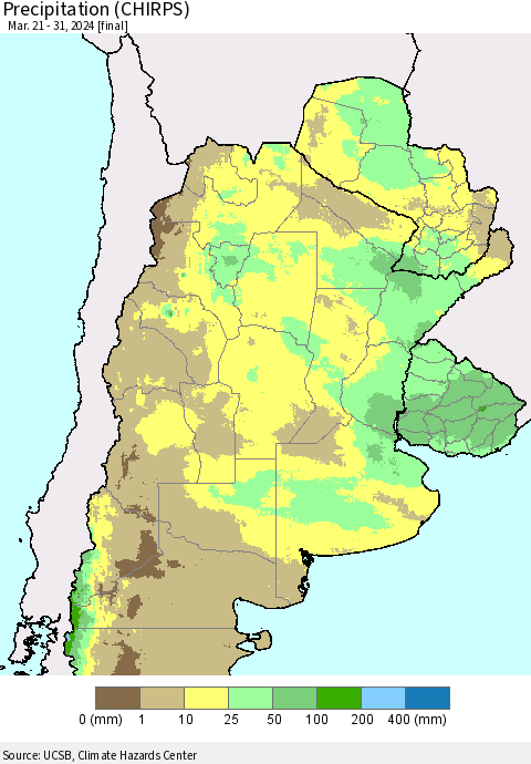 Southern South America Precipitation (CHIRPS) Thematic Map For 3/21/2024 - 3/31/2024