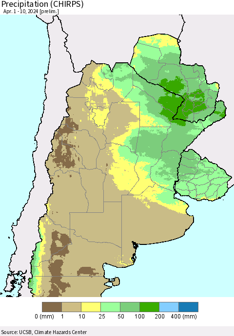 Southern South America Precipitation (CHIRPS) Thematic Map For 4/1/2024 - 4/10/2024