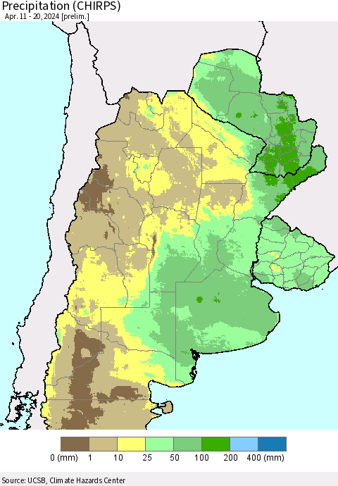 Southern South America Precipitation (CHIRPS) Thematic Map For 4/11/2024 - 4/20/2024