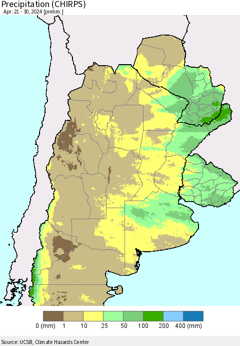 Southern South America Precipitation (CHIRPS) Thematic Map For 4/21/2024 - 4/30/2024