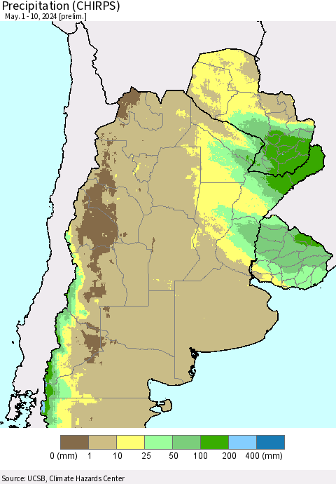 Southern South America Precipitation (CHIRPS) Thematic Map For 5/1/2024 - 5/10/2024