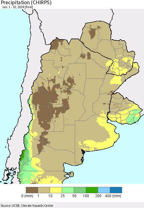 Southern South America Precipitation (CHIRPS) Thematic Map For 6/1/2024 - 6/10/2024