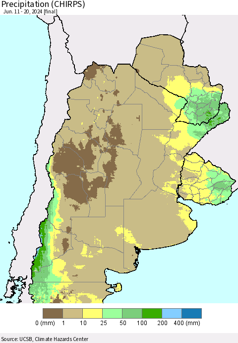 Southern South America Precipitation (CHIRPS) Thematic Map For 6/11/2024 - 6/20/2024