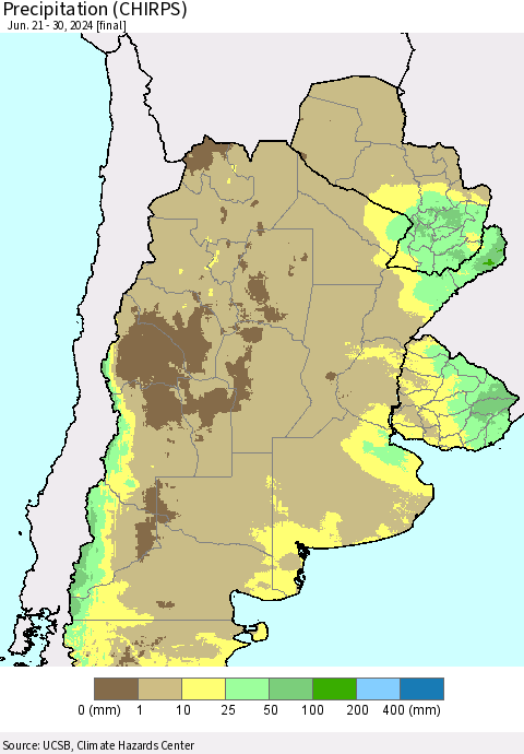 Southern South America Precipitation (CHIRPS) Thematic Map For 6/21/2024 - 6/30/2024