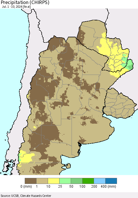 Southern South America Precipitation (CHIRPS) Thematic Map For 7/1/2024 - 7/10/2024