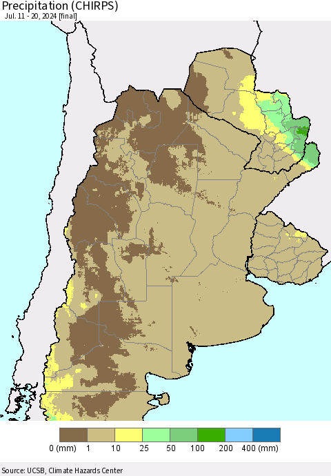 Southern South America Precipitation (CHIRPS) Thematic Map For 7/11/2024 - 7/20/2024