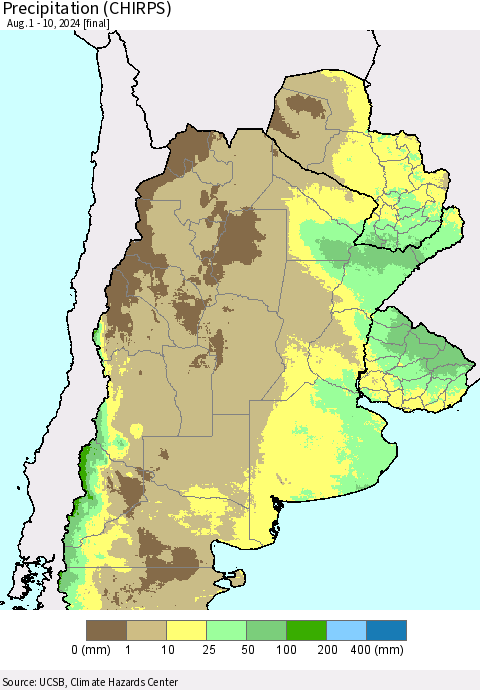 Southern South America Precipitation (CHIRPS) Thematic Map For 8/1/2024 - 8/10/2024