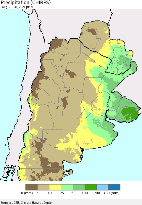 Southern South America Precipitation (CHIRPS) Thematic Map For 8/21/2024 - 8/31/2024