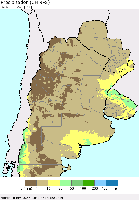 Southern South America Precipitation (CHIRPS) Thematic Map For 9/1/2024 - 9/10/2024