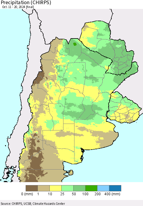 Southern South America Precipitation (CHIRPS) Thematic Map For 10/11/2024 - 10/20/2024