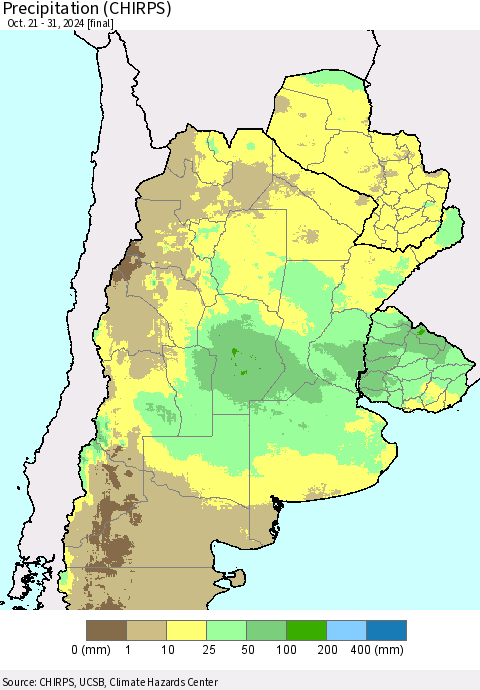 Southern South America Precipitation (CHIRPS) Thematic Map For 10/21/2024 - 10/31/2024