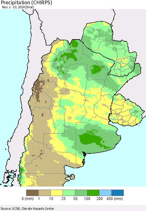 Southern South America Precipitation (CHIRPS) Thematic Map For 11/1/2024 - 11/10/2024