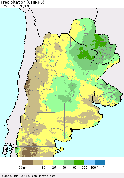 Southern South America Precipitation (CHIRPS) Thematic Map For 12/11/2024 - 12/20/2024