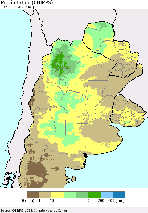 Southern South America Precipitation (CHIRPS) Thematic Map For 1/1/2025 - 1/10/2025