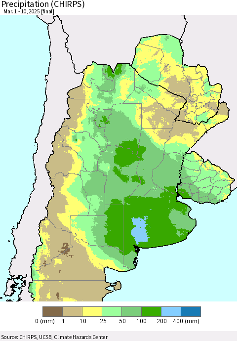 Southern South America Precipitation (CHIRPS) Thematic Map For 3/1/2025 - 3/10/2025