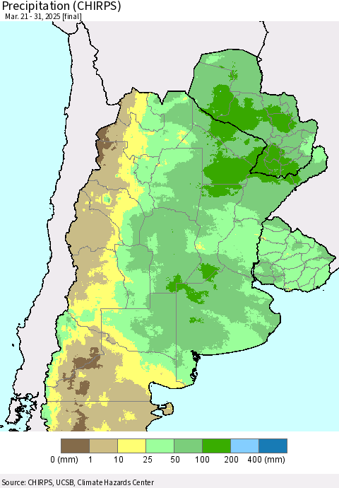 Southern South America Precipitation (CHIRPS) Thematic Map For 3/21/2025 - 3/31/2025