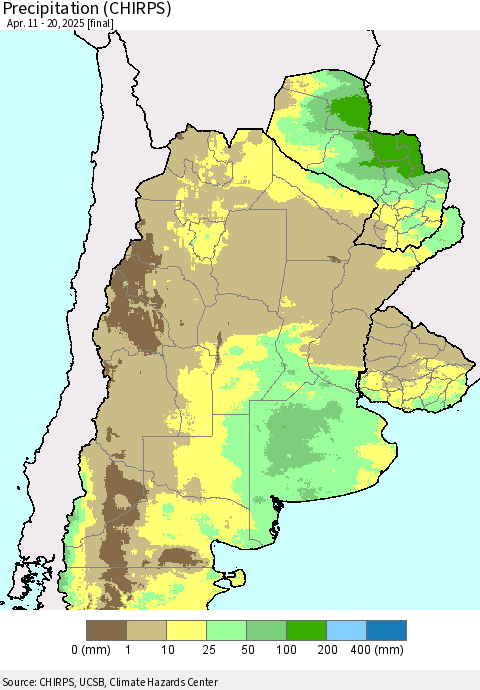 Southern South America Precipitation (CHIRPS) Thematic Map For 4/11/2025 - 4/20/2025
