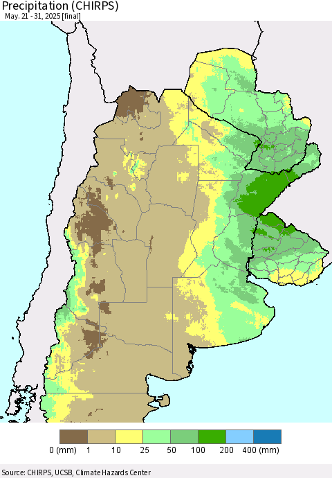 Southern South America Precipitation (CHIRPS) Thematic Map For 5/21/2025 - 5/31/2025