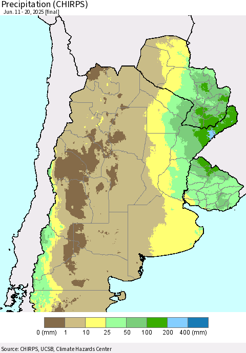 Southern South America Precipitation (CHIRPS) Thematic Map For 6/11/2025 - 6/20/2025