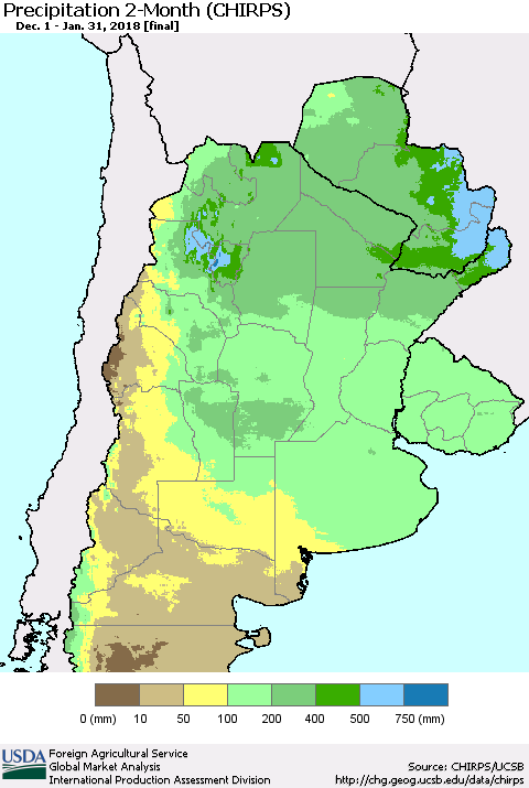 Southern South America Precipitation 2-Month (CHIRPS) Thematic Map For 12/1/2017 - 1/31/2018