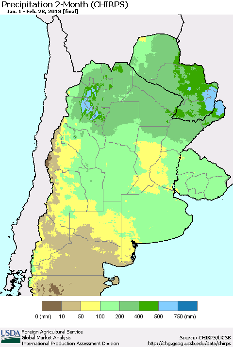 Southern South America Precipitation 2-Month (CHIRPS) Thematic Map For 1/1/2018 - 2/28/2018