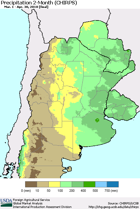 Southern South America Precipitation 2-Month (CHIRPS) Thematic Map For 3/1/2018 - 4/30/2018