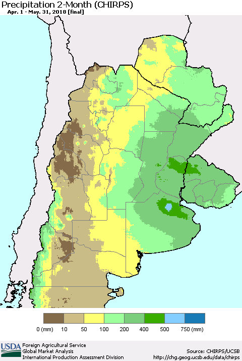 Southern South America Precipitation 2-Month (CHIRPS) Thematic Map For 4/1/2018 - 5/31/2018