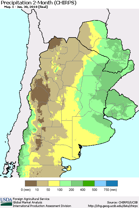 Southern South America Precipitation 2-Month (CHIRPS) Thematic Map For 5/1/2018 - 6/30/2018