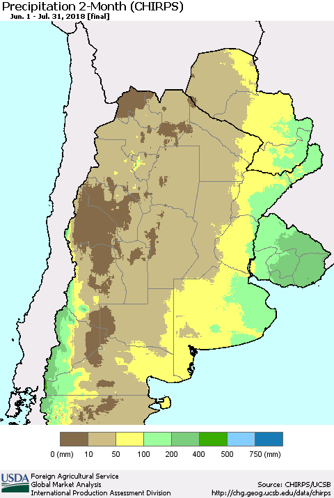 Southern South America Precipitation 2-Month (CHIRPS) Thematic Map For 6/1/2018 - 7/31/2018