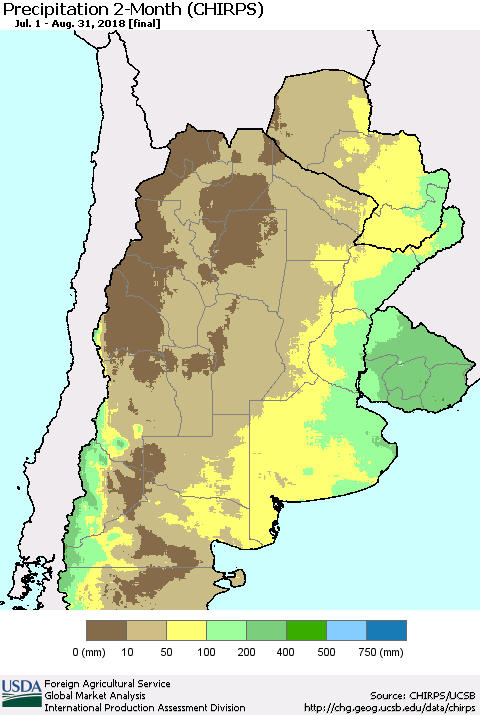 Southern South America Precipitation 2-Month (CHIRPS) Thematic Map For 7/1/2018 - 8/31/2018