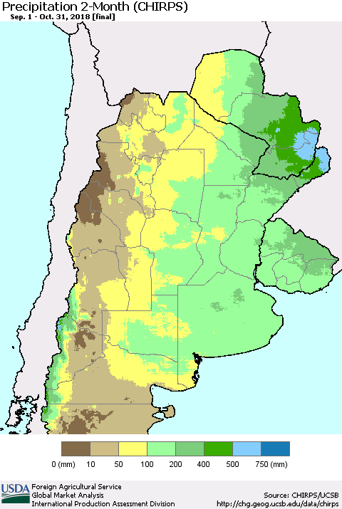 Southern South America Precipitation 2-Month (CHIRPS) Thematic Map For 9/1/2018 - 10/31/2018