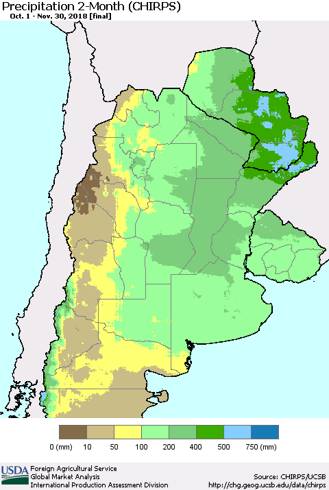 Southern South America Precipitation 2-Month (CHIRPS) Thematic Map For 10/1/2018 - 11/30/2018