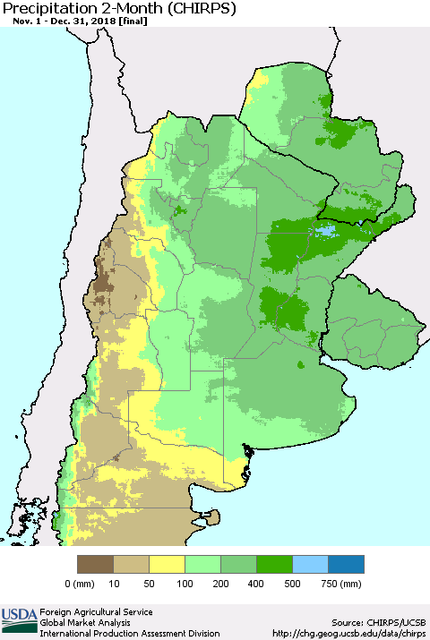 Southern South America Precipitation 2-Month (CHIRPS) Thematic Map For 11/1/2018 - 12/31/2018