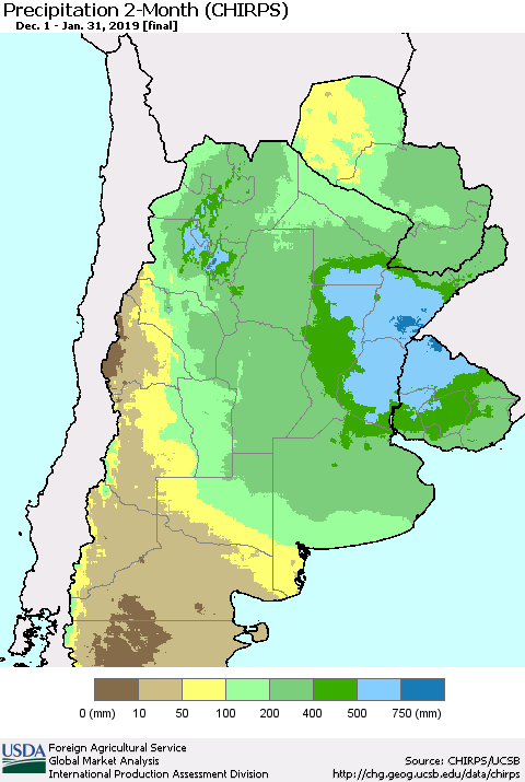Southern South America Precipitation 2-Month (CHIRPS) Thematic Map For 12/1/2018 - 1/31/2019