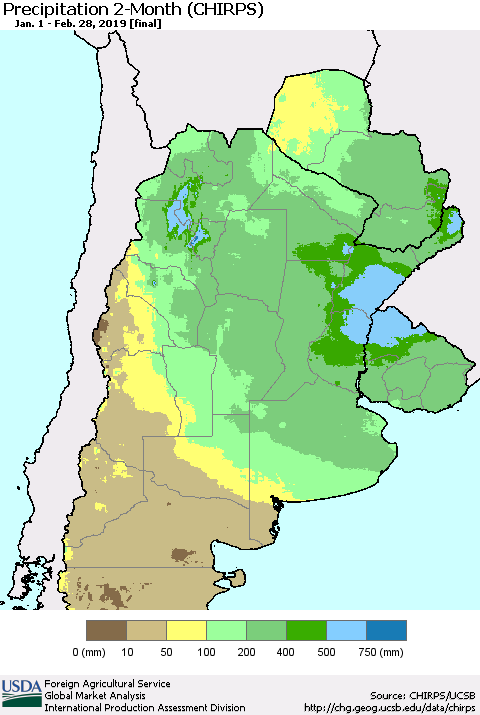 Southern South America Precipitation 2-Month (CHIRPS) Thematic Map For 1/1/2019 - 2/28/2019