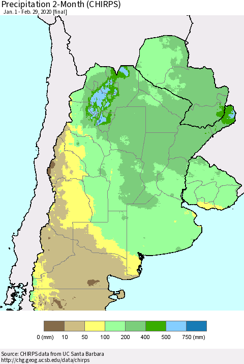 Southern South America Precipitation 2-Month (CHIRPS) Thematic Map For 1/1/2020 - 2/29/2020