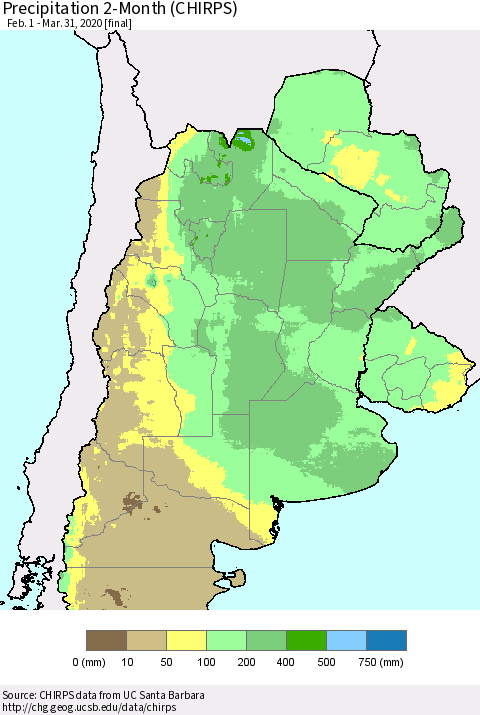 Southern South America Precipitation 2-Month (CHIRPS) Thematic Map For 2/1/2020 - 3/31/2020