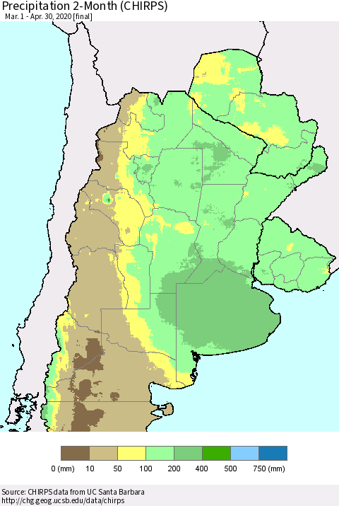 Southern South America Precipitation 2-Month (CHIRPS) Thematic Map For 3/1/2020 - 4/30/2020