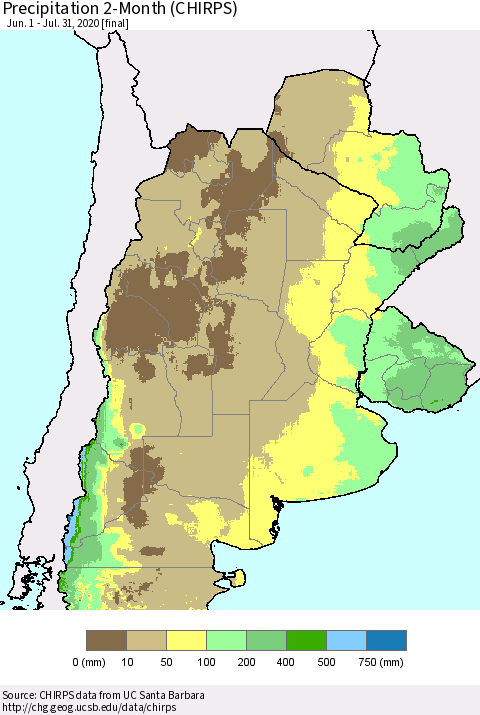 Southern South America Precipitation 2-Month (CHIRPS) Thematic Map For 6/1/2020 - 7/31/2020