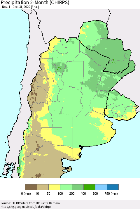 Southern South America Precipitation 2-Month (CHIRPS) Thematic Map For 11/1/2020 - 12/31/2020