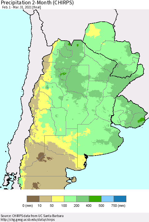 Southern South America Precipitation 2-Month (CHIRPS) Thematic Map For 2/1/2021 - 3/31/2021