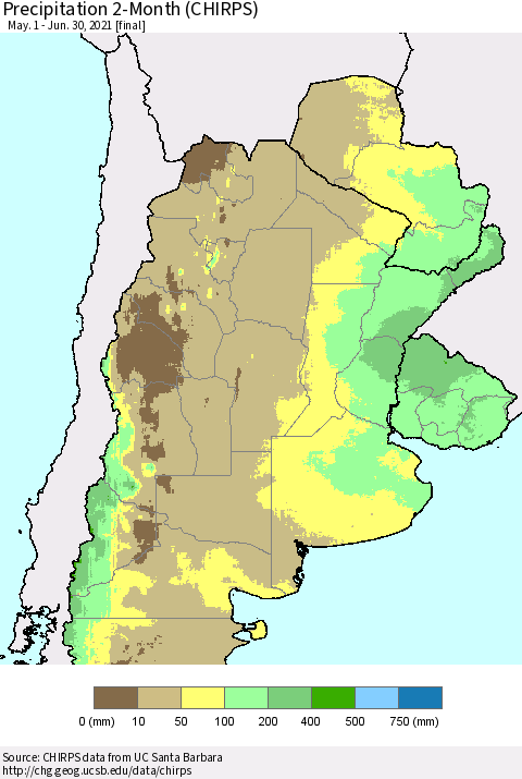 Southern South America Precipitation 2-Month (CHIRPS) Thematic Map For 5/1/2021 - 6/30/2021