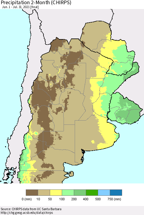 Southern South America Precipitation 2-Month (CHIRPS) Thematic Map For 6/1/2021 - 7/31/2021