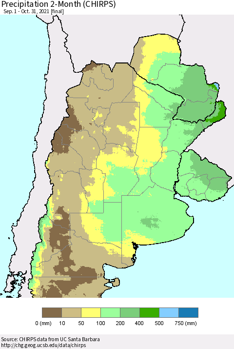 Southern South America Precipitation 2-Month (CHIRPS) Thematic Map For 9/1/2021 - 10/31/2021