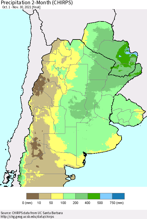 Southern South America Precipitation 2-Month (CHIRPS) Thematic Map For 10/1/2021 - 11/30/2021