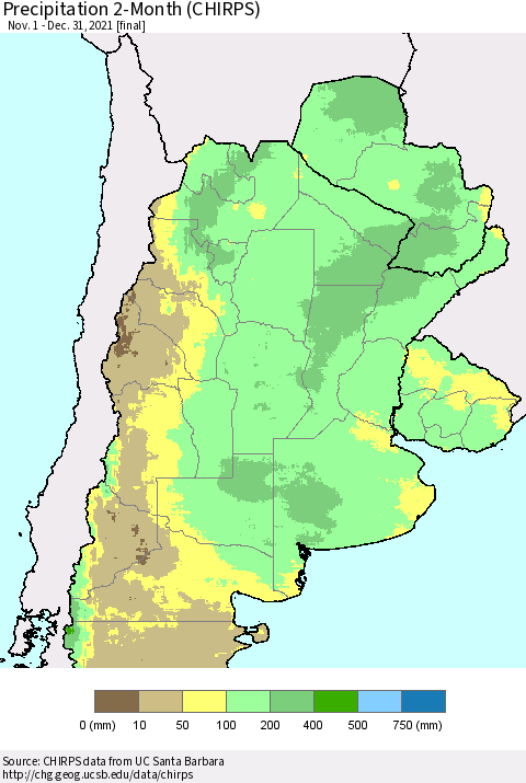 Southern South America Precipitation 2-Month (CHIRPS) Thematic Map For 11/1/2021 - 12/31/2021