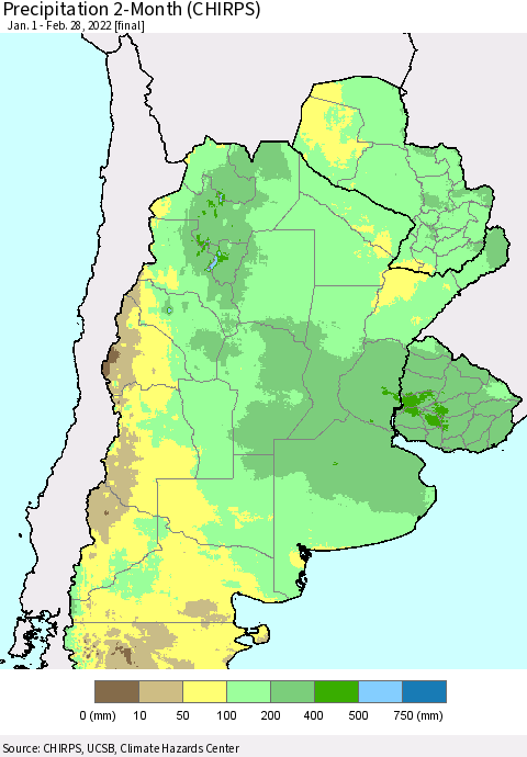 Southern South America Precipitation 2-Month (CHIRPS) Thematic Map For 1/1/2022 - 2/28/2022