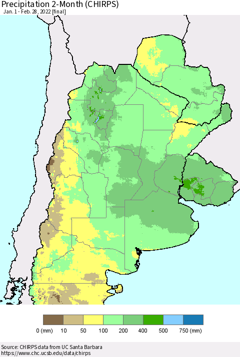 Southern South America Precipitation 2-Month (CHIRPS) Thematic Map For 1/1/2022 - 2/28/2022