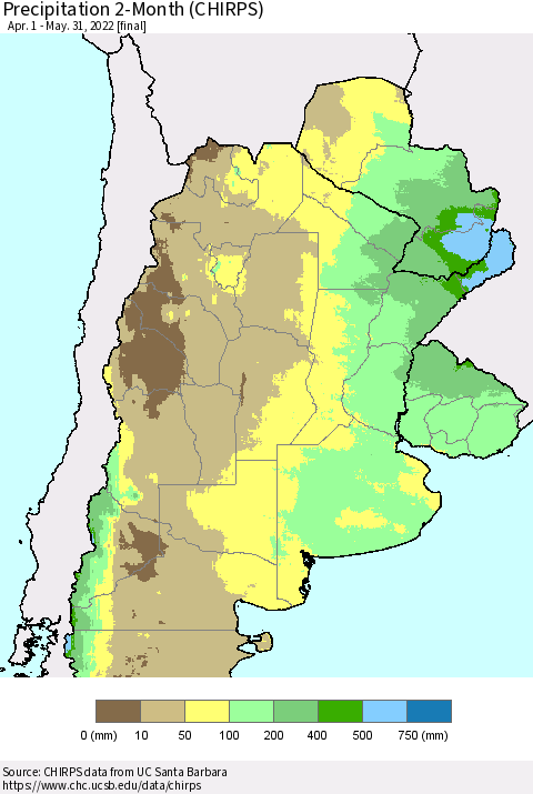 Southern South America Precipitation 2-Month (CHIRPS) Thematic Map For 4/1/2022 - 5/31/2022